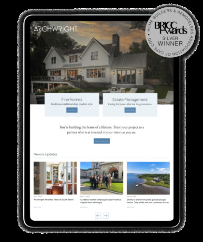 Tablet displaying Archwright homepage: large house hero image, two service cards (Fine Homes, Estate Management), intro text, news thumbnails, and a silver BRCC Awards badge.