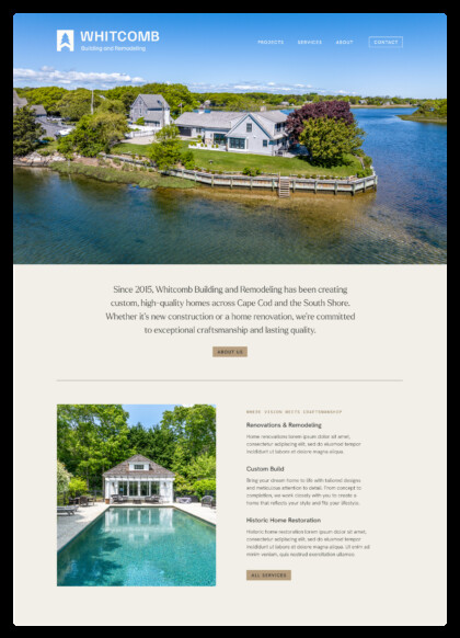 Aerial view of a light-colored house on a grassy waterfront peninsula with a wooden seawall, blue sky, and calm water; Whitcomb Building and Remodeling header.
