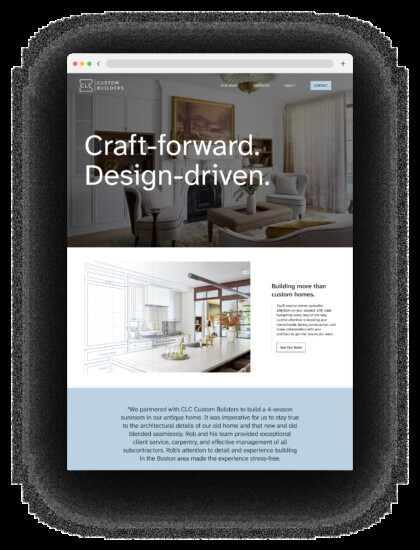 Luxurious living room with white built-in cabinets, a fireplace, a large framed painting, plush seating, and sheer curtains; overlay text reads Craft-forward. Design-driven.