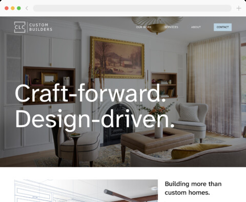 Luxurious living room with white built-in cabinets, a fireplace, a large framed painting, plush seating, and sheer curtains; overlay text reads Craft-forward. Design-driven.