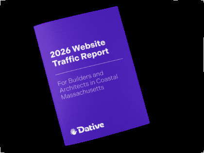 Tilting purple gradient booklet cover that says '2026 Website Traffic Report' for builders and architects in coastal Massachusetts, with the Dative logo.