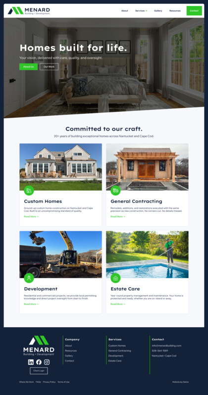 Modern homepage layout for a construction company showing a hero image of a furnished bedroom, bold headline “Homes built for life,” and a project grid with four service cards (Custom Homes, General Contracting, Development, Estate Care) with a dark blue header and green accents.