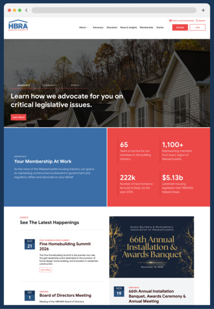 Homepage hero with a row of houses and a bold white headline about advocating on critical legislative issues; blue and red info panels below.